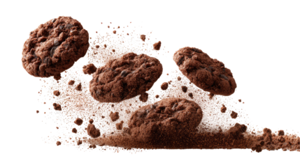 Chocolate Chip Cookies with Scattered Crumbs on Transparent Background

