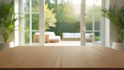 Fototapeta premium Empty Wooden Tabletop With Blurred Background Of Patio And Garden View