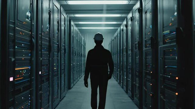 A technician navigates through a state-of-the-art underground facility, observing rows of server towers that blink with vibrant activity amid a backdrop of cool
