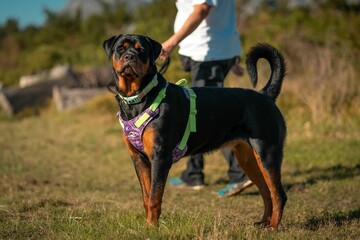 Rottweiler in a colorful harness outdoors.
