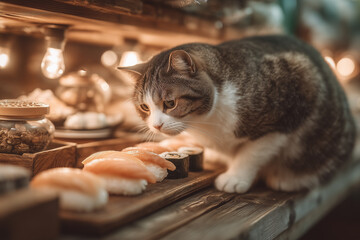 a cat that is eating sushi