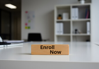 Enroll now sign on desk for course registration and membership application promotion in office setting