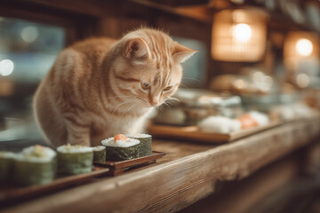 a cat that is eating sushi