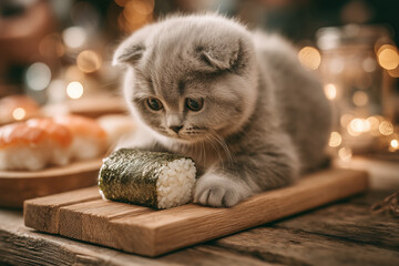 a cat that is eating sushi