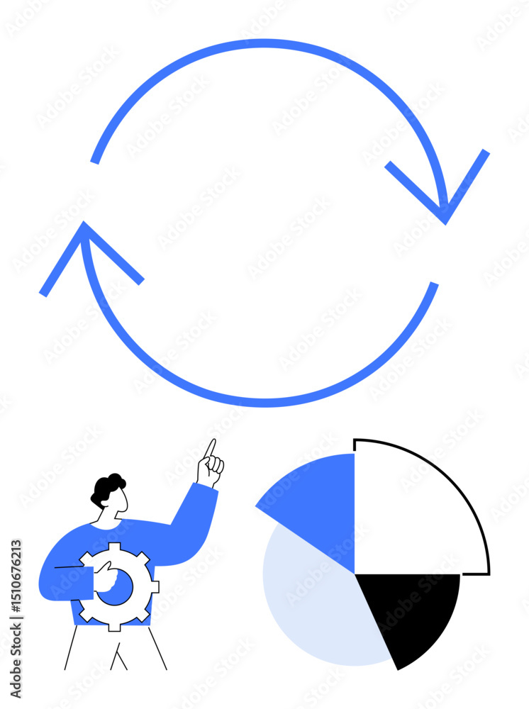 Poster circular workflow process symbol with arrows, man pointing holding gear, segmented pie chart. ideal 