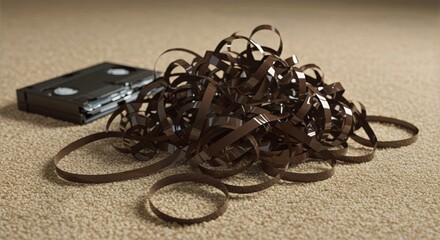 Tangled videocassette tape loops spill from a broken cassette on a carpeted floor amidst shiny brown coils