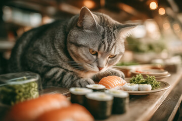 a cat that is eating sushi