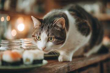 a cat that is eating sushi