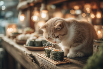 a cat that is eating sushi