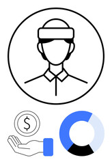 Fototapeta premium Minimal design with avatar in circle, coin above hand, and pie chart. Ideal for finance, management, analysis, user profiles, business apps, data visualization simple landing page