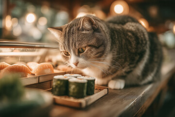 a cat that is eating sushi