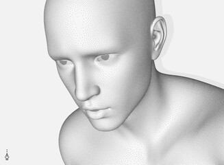 Network forming AI human face. Technology and robotics concept. Anonymous social masking. Cyber crime and cyber security illustration. 3D vector for presentation, card, banner, cover, brochure, etc.