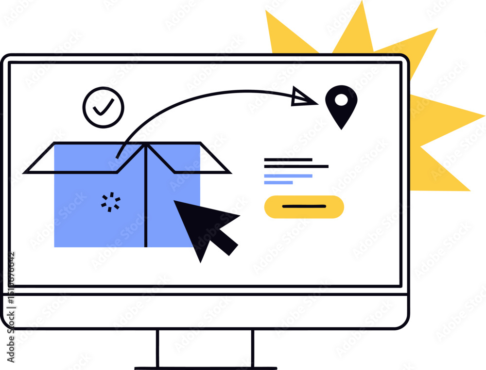 Poster delivery tracking shipping package online order logistics cursor pointer location checkmark computer