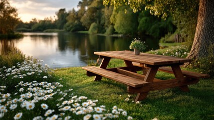 Naklejka premium Picnic table lakeside calm nature