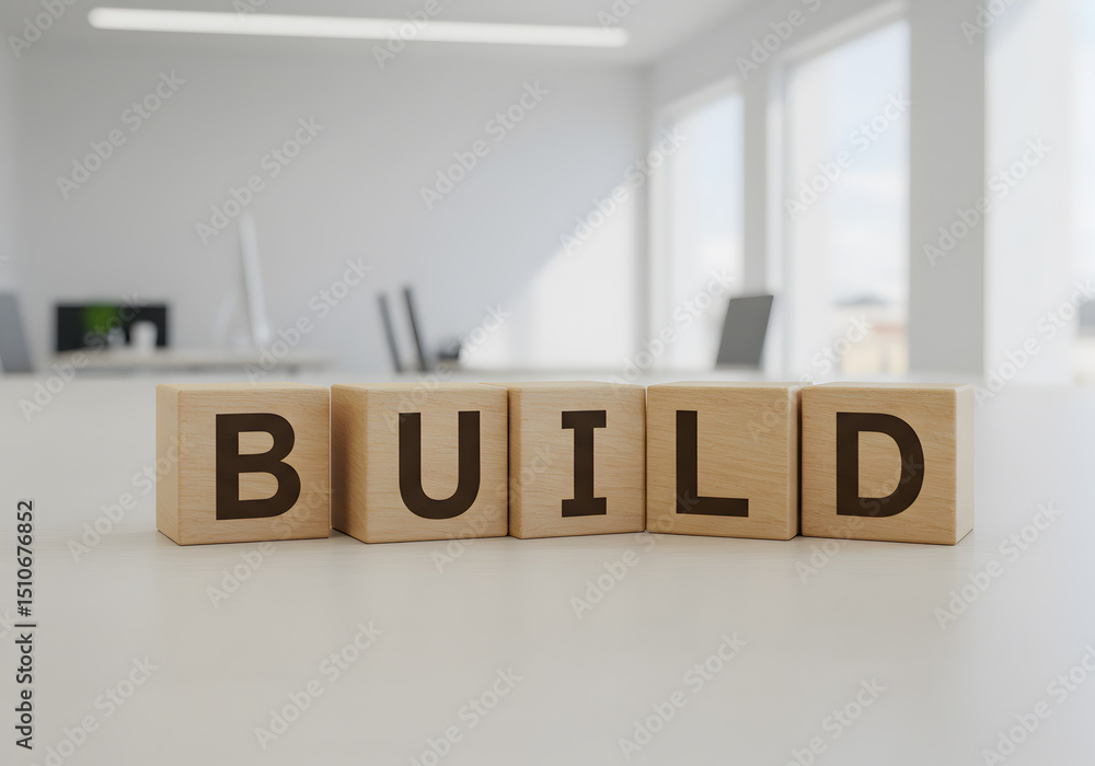 Poster build word blocks concept for business success and development with office background design idea