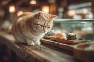 a cat that is eating sushi
