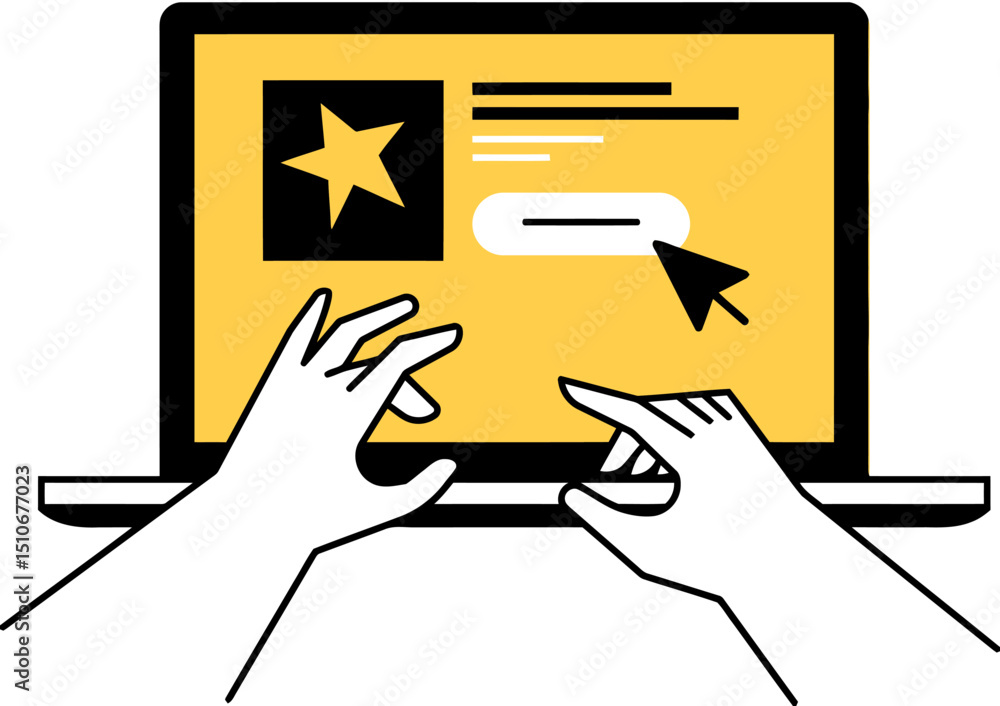 Poster hands laptop computer screen cursor star online internet website browsing searching clicking vector 