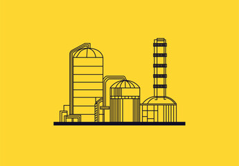 Black vector line art illustration of factory with pipes; chimneys and industrial objects; buildings on yellow background.	