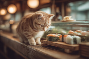 a cat that is eating sushi