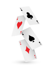 Vector falling four playing poker cards - four aces, diamonds, spades, clubs and hearts on transparent background