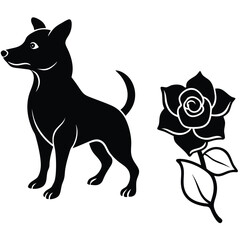 silhouette dog rose on white background