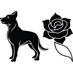 silhouette dog rose on white background