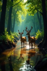 A herd of swamp deer wade through murky, shallow water, sunlight dappling through the cypress trees Lush vegetation surrounds them, creating a tranquil yet wild scene , foggy, wetland