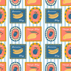 Seamless pattern with flat style fruit labels featuring banana, mango, plum, and blackberry, ideal for food packaging, fabric design, and tropical decor.