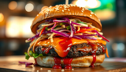 Delicious Gourmet Burger with Fresh Ingredients on a Wooden Surface