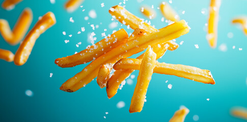 Golden French fries falling with a sprinkle of salt against a vibrant blue background.