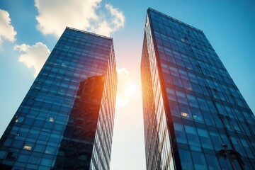 Fototapeta premium Two modern office buildings stand side-by-side, their windows reflecting each other, symbolizing collaboration and shared success in a vibrant cityscape , technology, relationship, connection