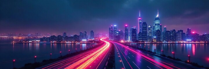 Fototapeta premium Abstract futuristic cityscape at night, illuminated by vibrant, glowing lights creating a sense of wonder and technological advancement , skyscraper, digital, laser