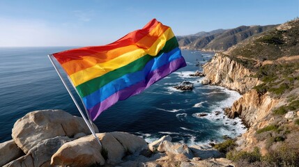 Rainbow pride flag coastal scene