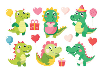 Fototapeta premium Adorable Cartoon Crocodiles Birthday Party Set