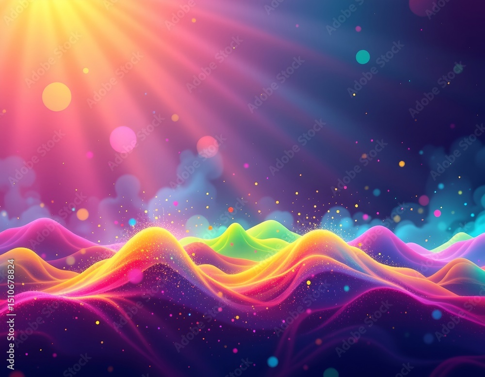 Poster create a pastel style art piece with a bright particle wave sound visualization, position the at the