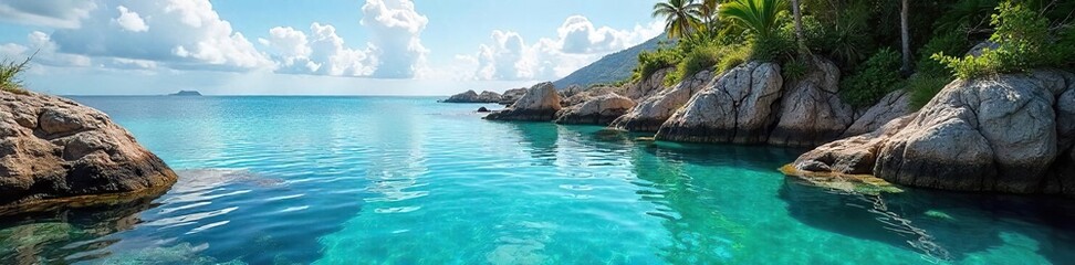 Serene coastal lagoon, turquoise water reflecting the sky, tranquil scene of a secluded ocean pond nestled amongst rocks and lush vegetation , coastal, picturesque