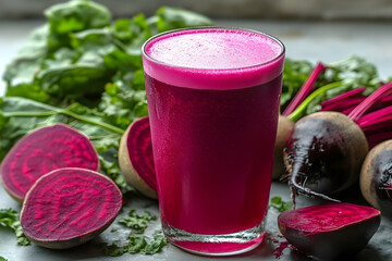 Vibrant beetroot juice in glass with fresh ingredients close up