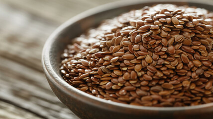 Close up of flax seeds in a bowl on a wooden table