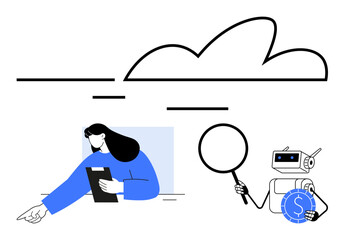 Woman with clipboard pointing, robot holding magnifying glass near cloud shape. Ideal for AI, data, teamwork, cloud computing, innovation, research tools technology. Flat simple metaphor