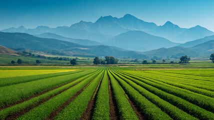 Lush farmland and mountain horizon, eco-friendly, clean background.