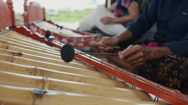 Musician playing traditional balinese gamelan instrument rindik