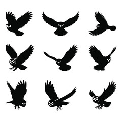 Fototapeta premium Set of Flying Owl Silhouette Vector