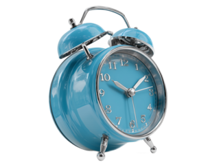 Capturing a timeless charm, a close-up shot presents a vibrant blue alarm clock. It symbolizes punctuality and the value of time.