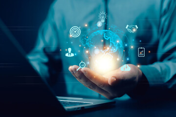 Hands showing the world of digital marketing, business concept, technology, international market, global internet connection, big data, business technology, finance, internet global, internet,	
