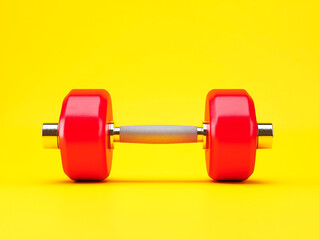 Obraz premium Bright red dumbbell on a vivid yellow background.