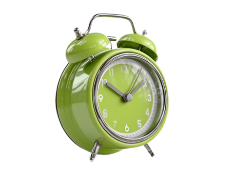 A classic, vibrant green alarm clock stands as a symbol of time and routine.