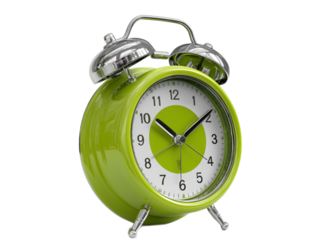 A vibrant, lime green alarm clock, an emblem of timely punctuality, its classic design evoking a sense of tradition.