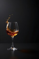 whiskey glass with splash on left side of black background, ample copy space on the right.
