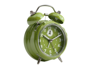 A close-up shot of a vintage green alarm clock showcases its classic design. The clock, in vibrant green, represents the concept of time management, punctuality.