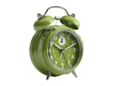 A close-up shot of a vintage green alarm clock showcases its classic design. The clock, in vibrant green, represents the concept of time management, punctuality.